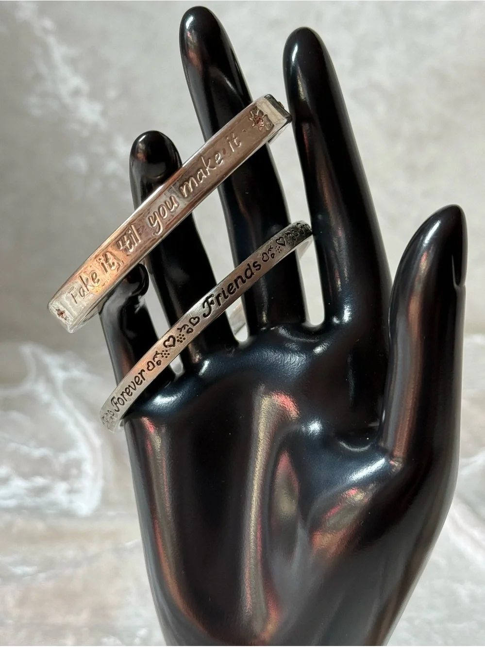 Silver Tone Inspirational 2 Bangle Bracelet Set Fake It Til You Make It &Friends